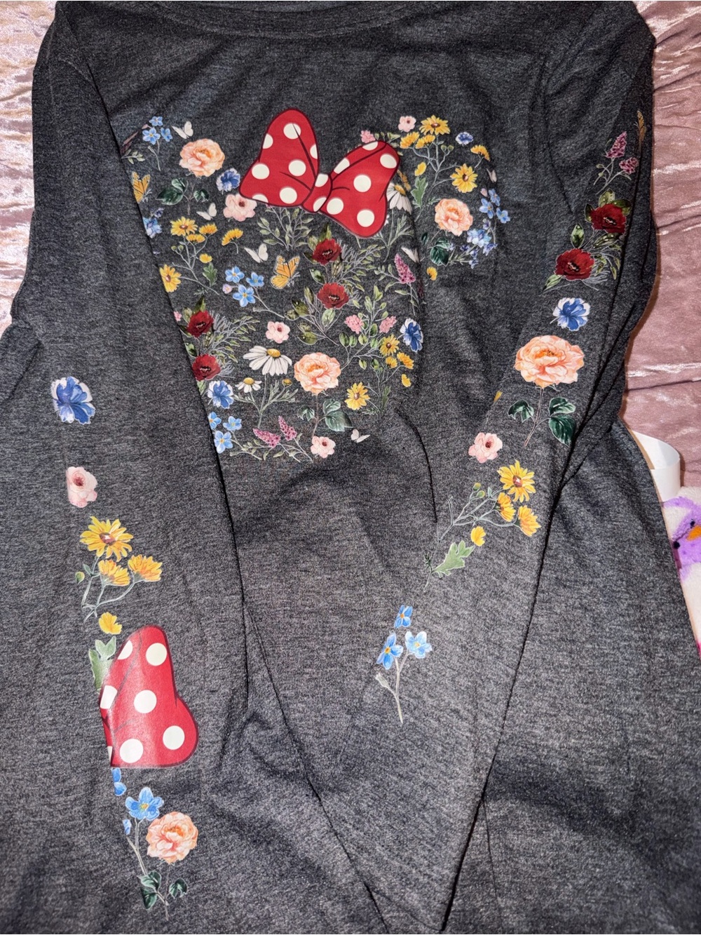SHEIN Dark Gray Floral Minnie Mouse Heart Sweatshirt